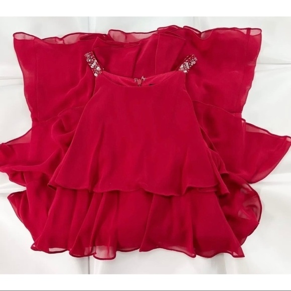SL Fashions Sz 6 Red Tiered Ruffled Chiffon Sequin Strap Shift Dress Cocktail - Picture 6 of 8